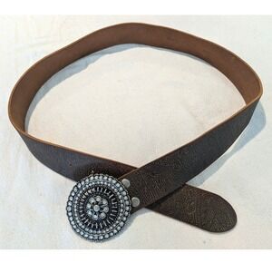 Fossil Genuine Leather Concho Belt Brown Tooled Western Boho Rhinestone Buckle M